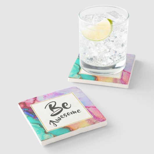 ピンク素晴らしとターコイズ抽象芸術水色 ストーンコースター (横)