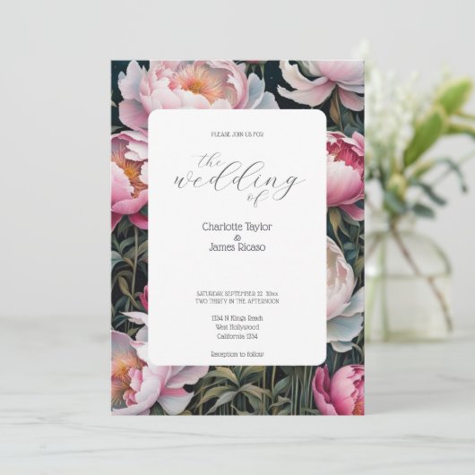 ピンク素晴らしと白の牡丹エレガントな結婚式 招待状 (スタンド正面)