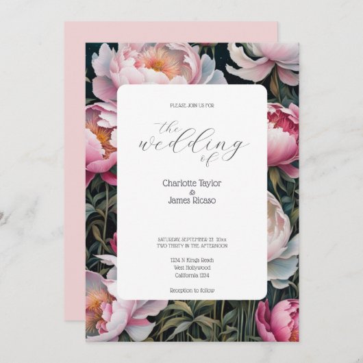 ピンク素晴らしと白の牡丹エレガントな結婚式 招待状 (正面/裏面)