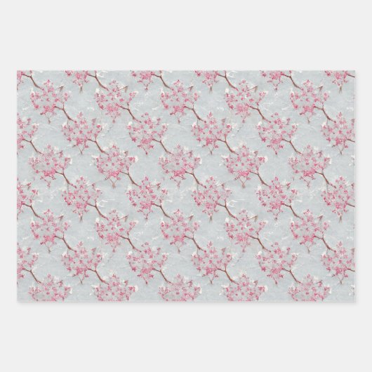 ピンク素晴らしと銀色のさくらんぼの花プリント ラッピングペーパーシート (正面3)