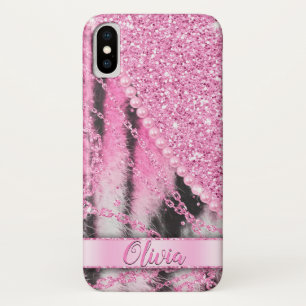 ピンク素晴らしグリッター鎖毛  iPhone X ケース