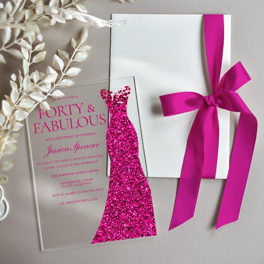 ピンク素晴らしドレス40歳の誕生日パーティー アクリル招待状