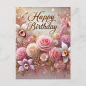 ピンク素晴らしフローラ誕生日はがき ポストカード (正面)