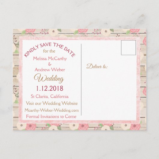 ピンク素朴とタンのフローラ日付ポストカードの保存 案内ポストカード (裏面)