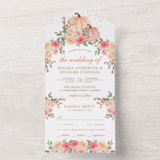 ピンク素朴とピーチカボチャのフローラ結婚ズ オールインワン招待状 (内側)