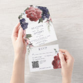 ピンク素朴とブルーの牡丹ホワイトQRコード オールインワン招待状 (貼ってはがせる)