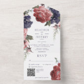 ピンク素朴とブルーの牡丹ホワイトQRコード オールインワン招待状 (内側)