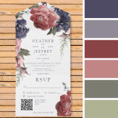 ピンク素朴とブルーの牡丹ホワイトQRコード オールインワン招待状