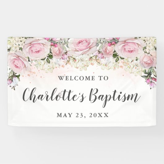 ピンク素朴と白のフローラバプテスマパーティー 横断幕 (横)