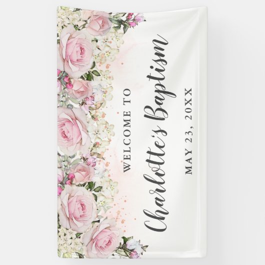ピンク素朴と白のフローラバプテスマパーティー 横断幕 (縦)