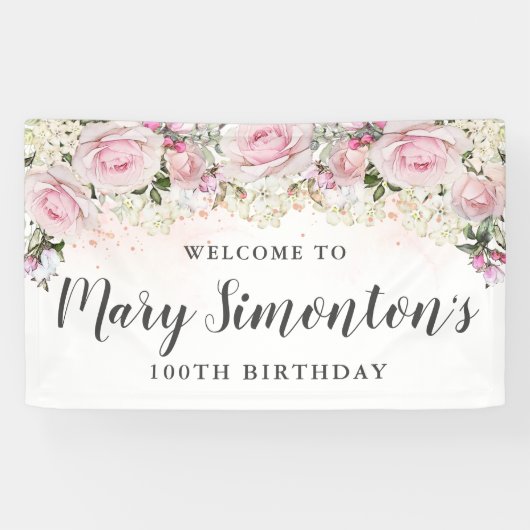 ピンク素朴と白のフローラ100誕生日 横断幕 (横)