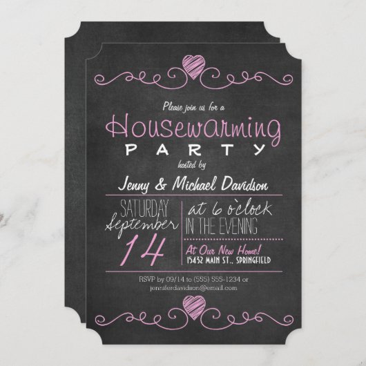 ピンク素朴と白の黒板引っ越し祝いパーティーパーティー 招待状 (正面/裏面)