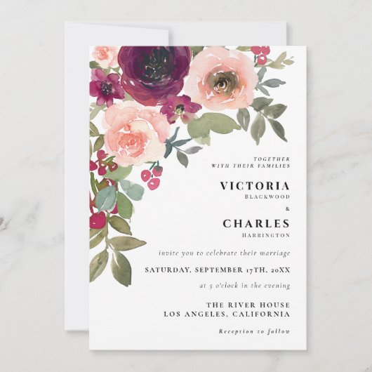 ピンク素朴と紫の水色のフローラ結婚の 招待状 (正面)