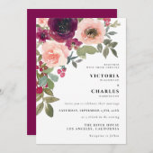 ピンク素朴と紫の水色のフローラ結婚の 招待状 (正面/裏面)