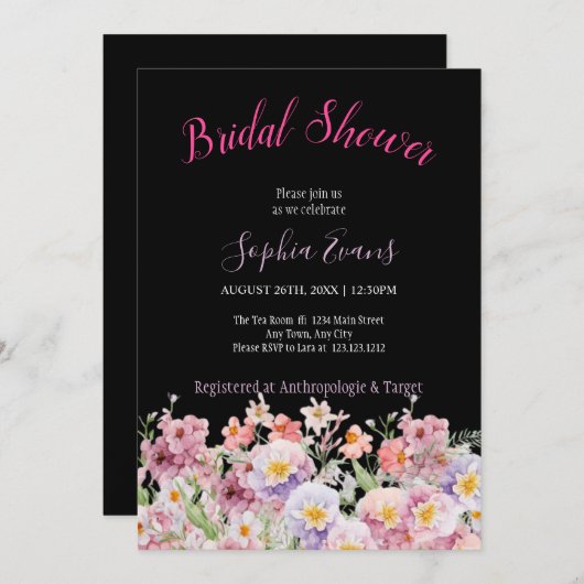 ピンク素朴と紫の野花のブライダルシャワー 招待状 (正面/裏面)