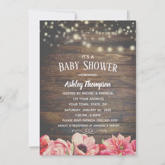 ピンク素朴と茶色の赤ちゃんシャワーを点灯 招待状 (正面)