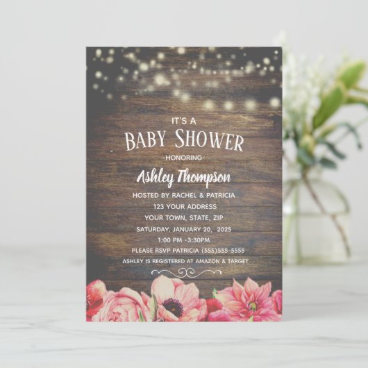 ピンク素朴と茶色の赤ちゃんシャワーを点灯 招待状 (スタンド正面)