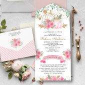 ピンク素朴と金ゴールドのフローラカボチャ赤ちゃんシャワー オールインワン招待状