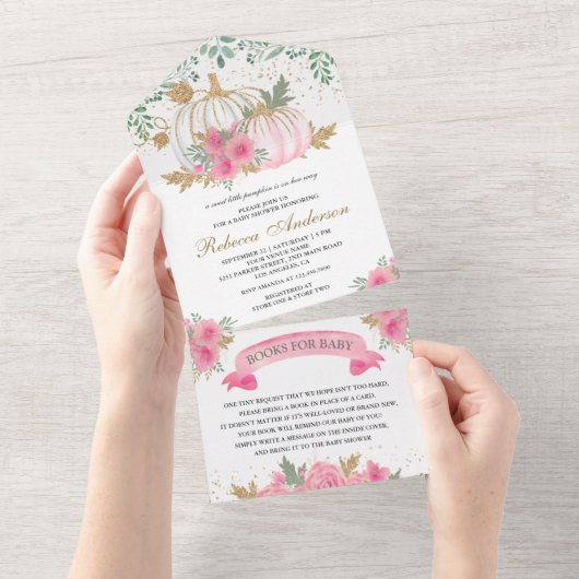 ピンク素朴と金ゴールドのフローラカボチャ赤ちゃんシャワー オールインワン招待状 (貼ってはがせる)