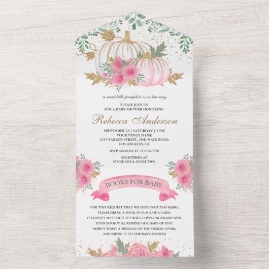 ピンク素朴と金ゴールドのフローラカボチャ赤ちゃんシャワー オールインワン招待状 (内側)