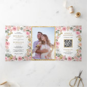 ピンク素朴と金ゴールドのフローラ写真QRコード結婚 三つ折り招待状 (内部)