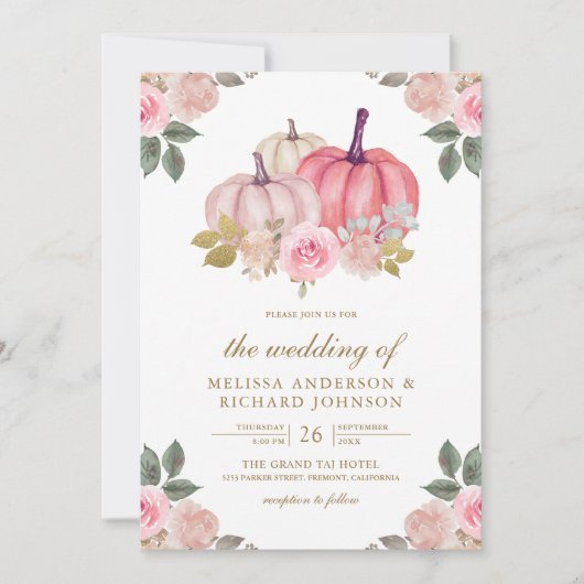 ピンク素朴と金ゴールドカボチャのフローラ結婚ズ 招待状 (正面)