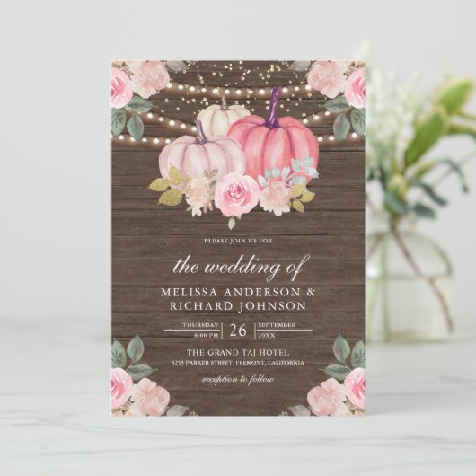 ピンク素朴と金ゴールドカボチャフローラウッド結婚ズ 招待状 (スタンド正面)