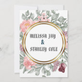 ピンク素朴と金ゴールドフレームのフローラ緑結婚色 招待状 (裏面)