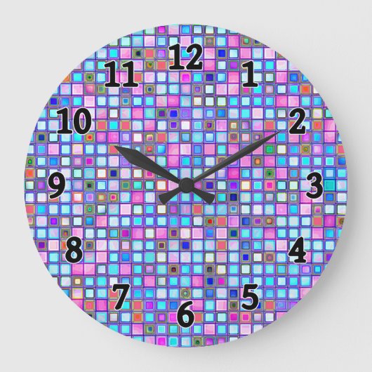 ピンク素朴と青のモザイク「粘土」タイル模様 ラージ壁時計 (正面)