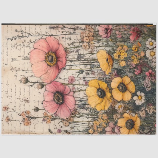 ピンク素朴と黄色のポピーの古い文字の切り離し 薄葉紙 (正面)