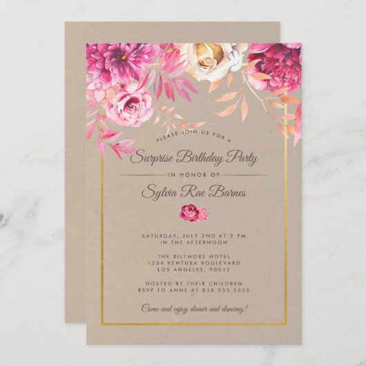 ピンク素朴のサプライズ誕生日パーティーへの招待 招待状 (正面/裏面)
