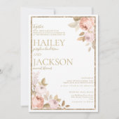 ピンク素朴のサンゴ金ゴールドフローラボー結婚ーテーマ 招待状 (正面)