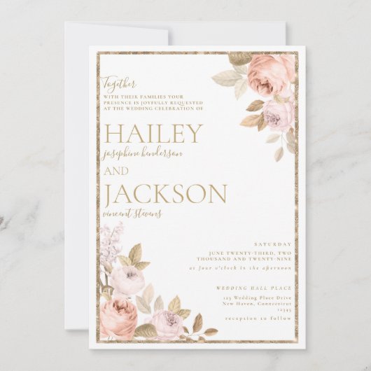 ピンク素朴のサンゴ金ゴールドフローラボー結婚ーテーマ 招待状 (正面)