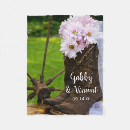 ピンク素朴のデイジーとカウボーイブーツ結婚ズ フリースブランケット