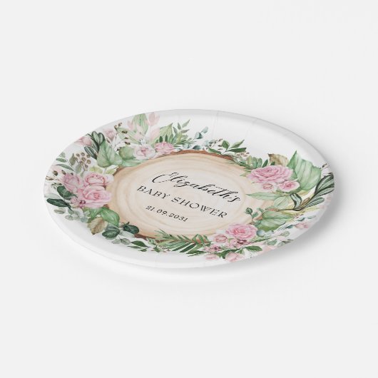ピンク素朴のバラ緑のベビーシャワーデコル ペーパープレート (アングル)