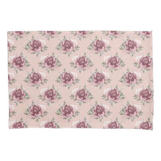 ピンク素朴のバラ金ゴールドグリーンボヘミアンフローラ 枕カバー (正面左)