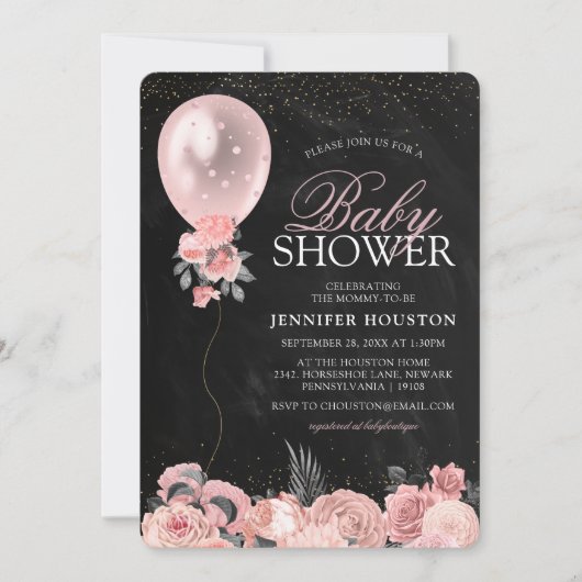 ピンク素朴のバルーン&ピンクのフローラベビーシャワー 招待状 (正面)