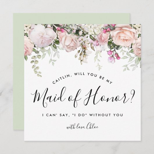 ピンク素朴のフローラがメイド・オブ・オーナー(花嫁付き添い人) 招待状 (正面/裏面)