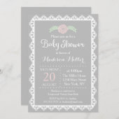 ピンク素朴のフローラとホワイトレースの赤ちゃんシャワー 招待状 (正面/裏面)