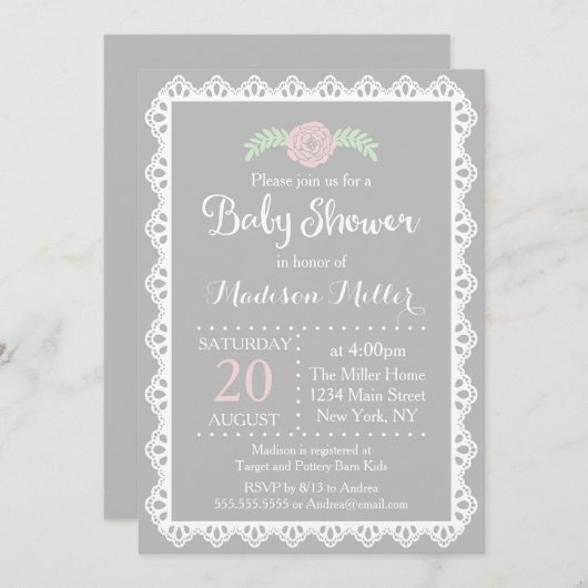 ピンク素朴のフローラとホワイトレースの赤ちゃんシャワー 招待状 (正面/裏面)