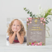 ピンク素朴のフローラの最初の聖餐式の写真 招待状 (スタンド正面)