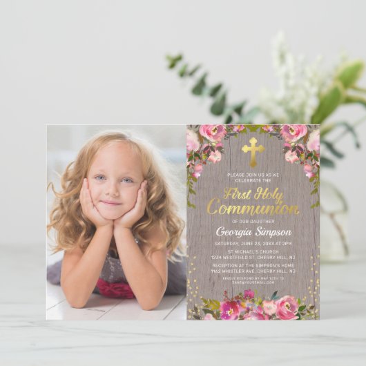 ピンク素朴のフローラの最初の聖餐式の写真 招待状 (スタンド正面)