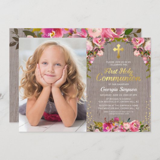 ピンク素朴のフローラの最初の聖餐式の写真 招待状 (正面/裏面)