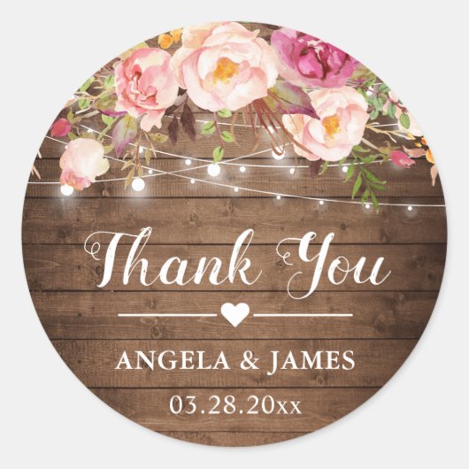 ピンク素朴のフローラストリングラ結婚イトありがとう ラウンドシール (正面)