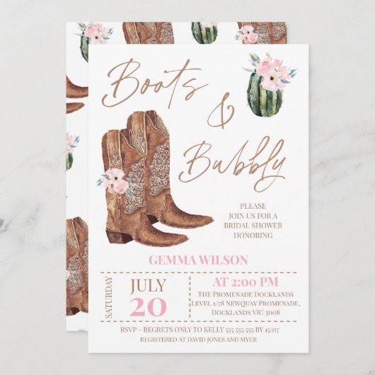 ピンク素朴のフローラブーツと泡立ちブライダルシャワー 招待状 (正面/裏面)