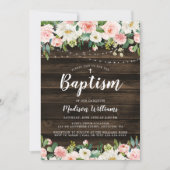 ピンク素朴のフローラ文字列ライトガールバプテスマ 招待状 (正面)