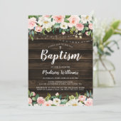 ピンク素朴のフローラ文字列ライトガールバプテスマ 招待状 (スタンド正面)