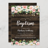 ピンク素朴のフローラ文字列ライトガールバプテスマ 招待状 (正面/裏面)