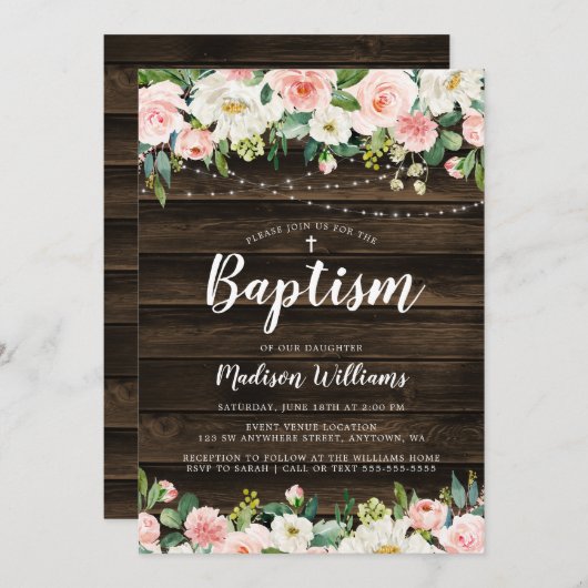 ピンク素朴のフローラ文字列ライトガールバプテスマ 招待状 (正面/裏面)