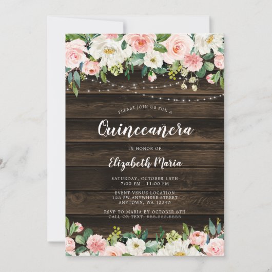 ピンク素朴のフローラ文字列ライトキンセアニェラ 招待状 (正面)